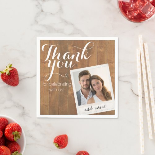 Rustic Wood and Photo Frame Thank You Wedding Paper Napkins