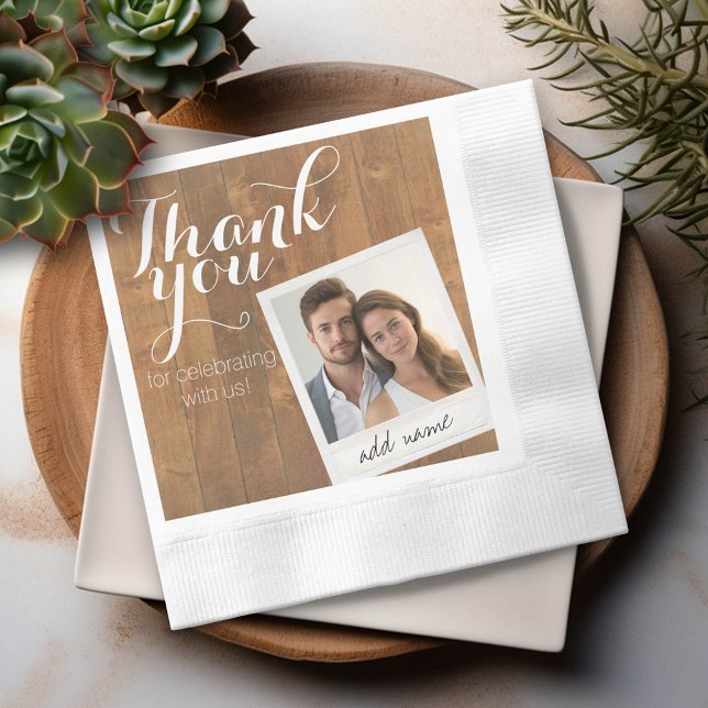 Rustic Wood and Photo Frame Thank You Wedding Paper Napkins (Custom Thank You Wedding Party Napkin with Photo)
