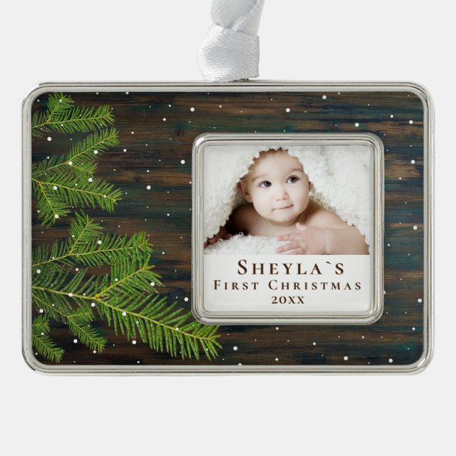 Rustic Wood and Pine Baby`s First Christmas Photo Christmas Ornament (Front)