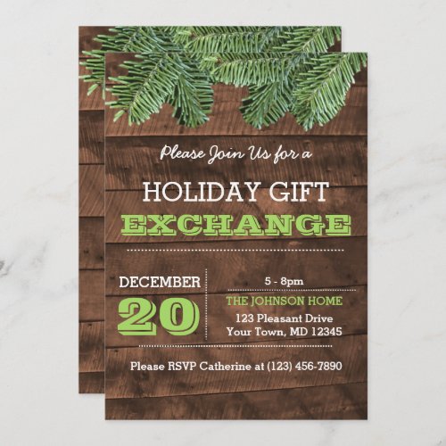 Rustic Wood and Pine Branches Holiday Invitation