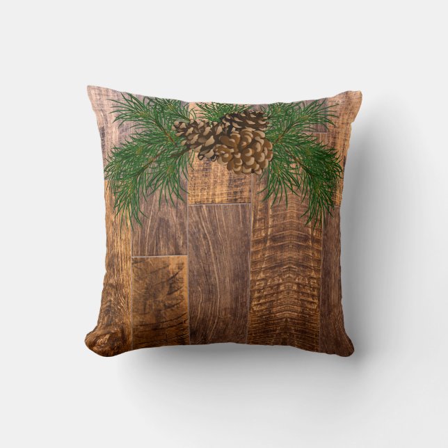 Rustic wood and  pine cone throw pillow (Front)