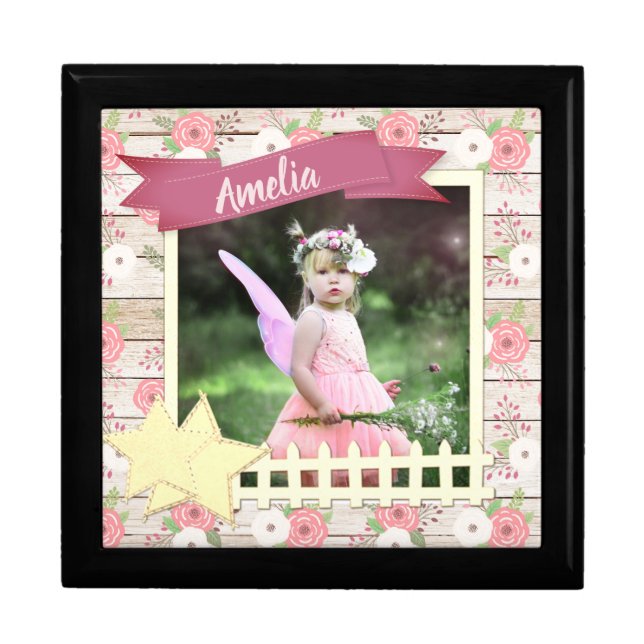 Rustic Wood and Pink Floral Custom Baby Photo Gift Box (Front)