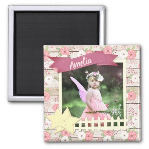 Rustic Wood and Pink Floral Custom Baby Photo Magnet