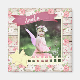 Rustic Wood and Pink Floral Custom Baby Photo Magnet