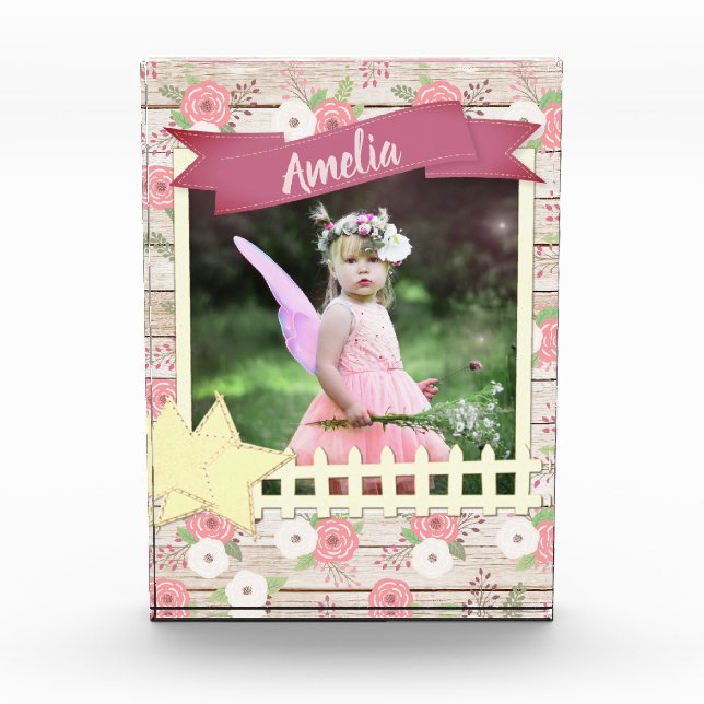 Rustic Wood and Pink Floral Custom Photo and Name Block (Front)