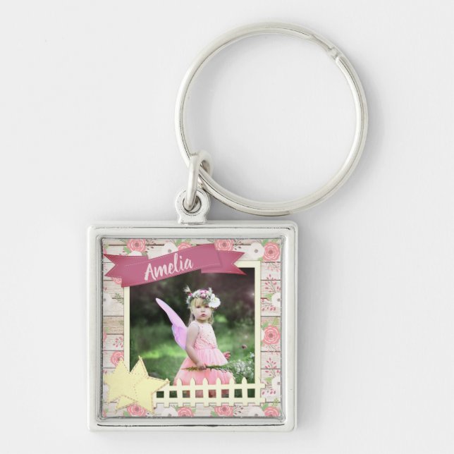Rustic Wood and Pink Floral Custom Photo and Name Keychain (Front)