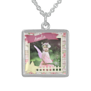 Rustic Wood and Pink Floral Custom Photo and Name Sterling Silver Necklace