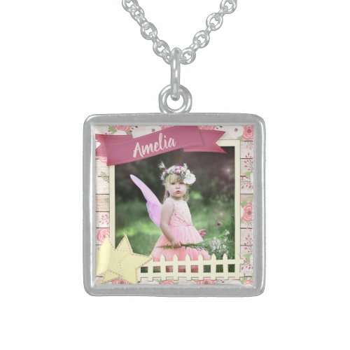 Rustic Wood and Pink Floral Custom Photo and Name Sterling Silver Necklace