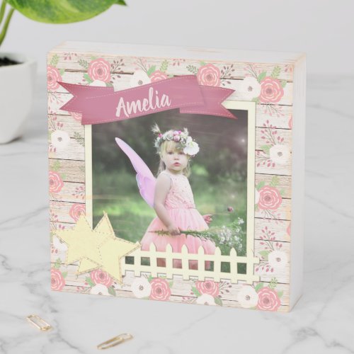 Rustic Wood and Pink Floral Custom Photo  Name Wooden Box Sign