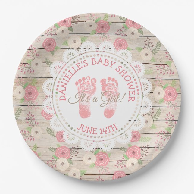 Rustic Wood and Pink Flowers Paper Plates (Front)