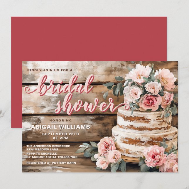 Rustic Wood and Pink Rose Cake Bridal Shower  Invitation (Front/Back)