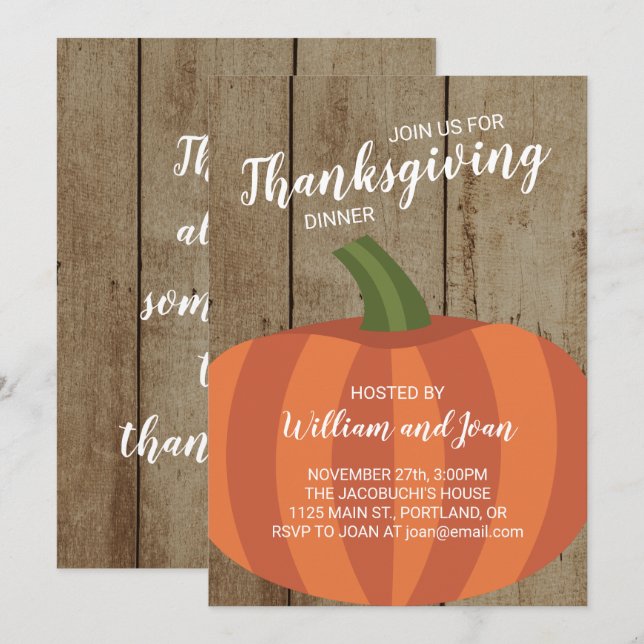 Rustic Wood and Pumpkin Thanksgiving Dinner Party Invitation (Front/Back)