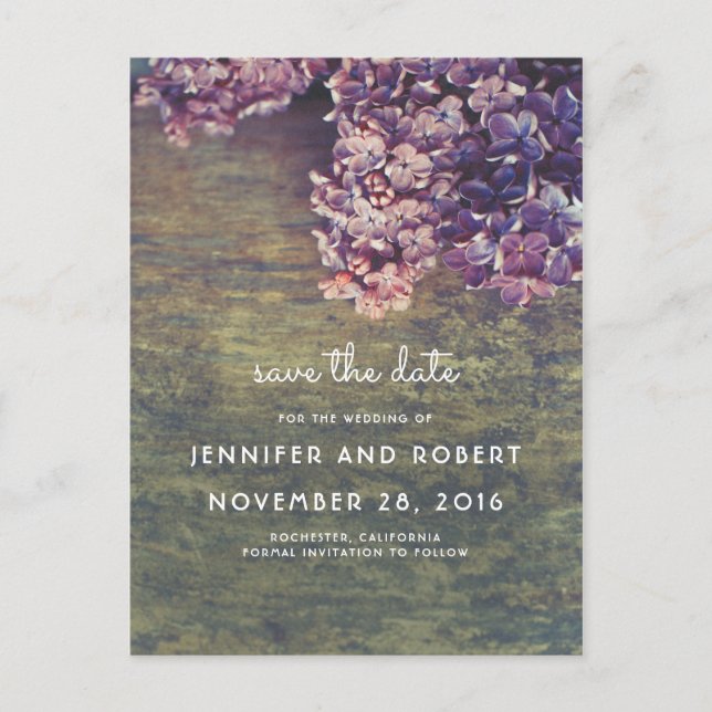 Rustic Wood and Purple Lilacs Floral Save the Date Announcement Postcard (Front)