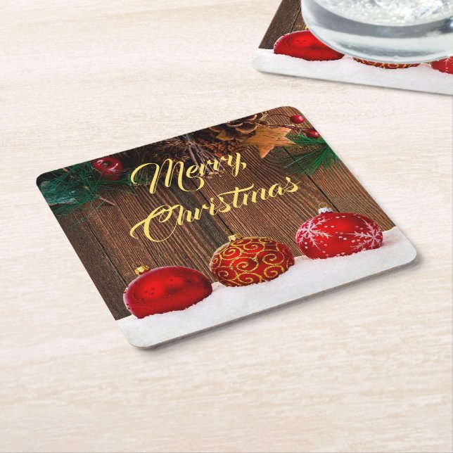 Rustic Wood and Red Berries Christmas Square Paper Coaster (Angled)