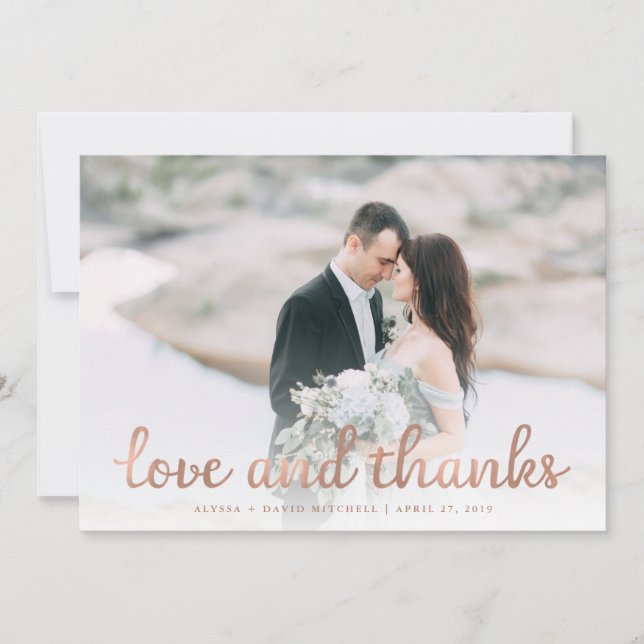 Rustic Wood and Rose Gold Wedding Photo Thank You (Front)