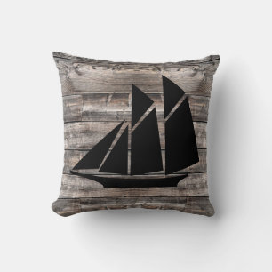 rustic wood and SAIL BOAT Throw Pillow