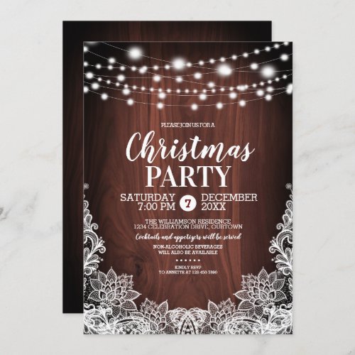 Rustic Wood and Sparkle Lights Christmas Party Invitation
