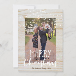 Rustic Wood and String Light Photo Merry Christmas Holiday Card