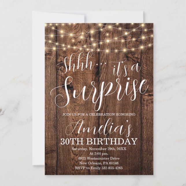 Rustic Wood and String Light Surprise Birthday Invitation (Front)