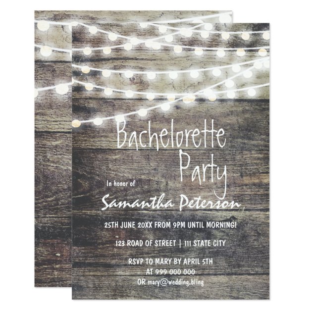 Rustic Wood And String Lights Bachelorette Party Invitation