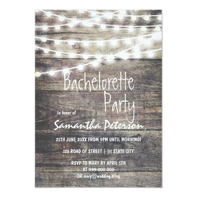 Rustic Wood And String Lights Bachelorette Party Invitation