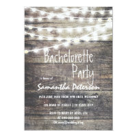 Rustic wood and string lights bachelorette party invitation