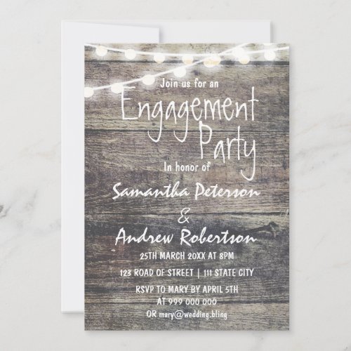 Rustic wood and string lights engagement dinner invitation