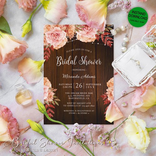 Rustic Wood and String Lights Floral Bridal Shower Invitation