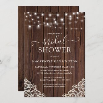 Rustic Wood And String Lights Lace Bridal Shower Invitation by CedarAndString at Zazzle