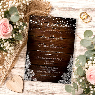 Rustic Wood and String Lights Lace Wedding Invitation