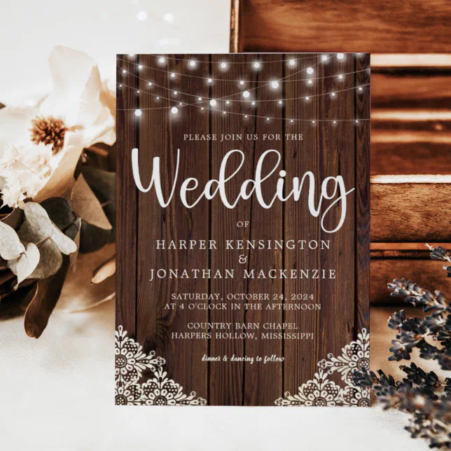 Rustic Wood and String Lights Lace Wedding Invitation | Zazzle
