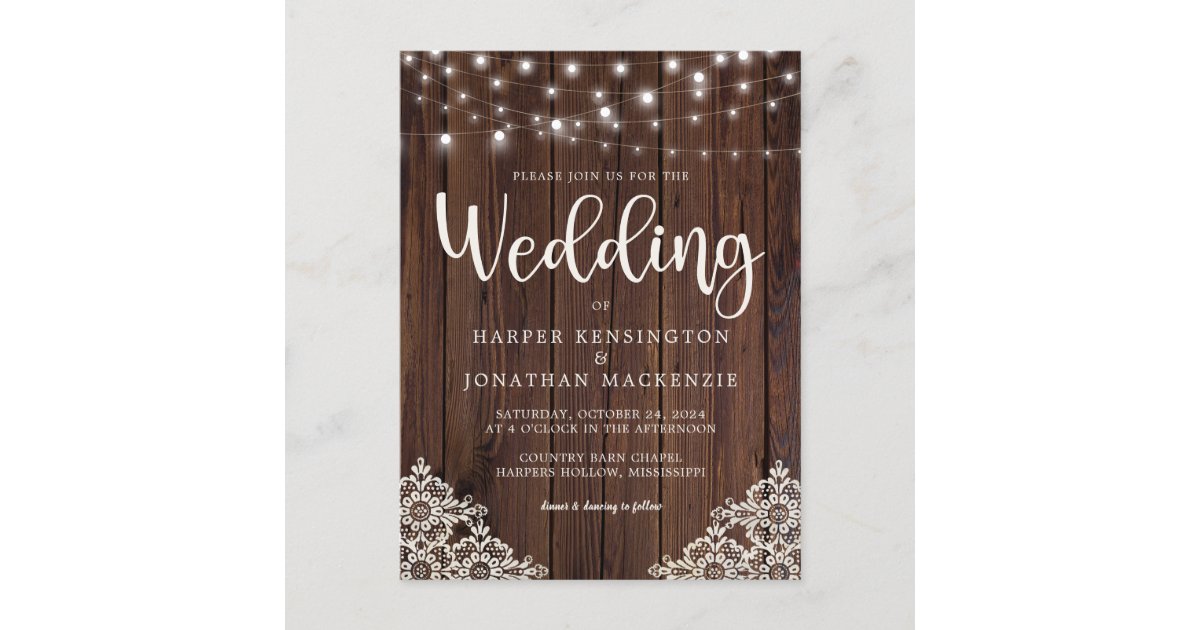 Rustic Wood and String Lights Lace Wedding Invitation Postcard | Zazzle.com