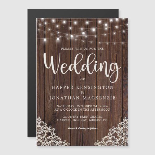 Rustic Wood and String Lights Lace Wedding Magnetic Invitation