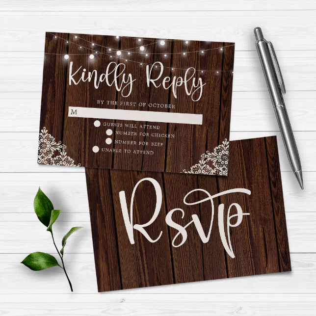 Rustic Wood And String Lights Lace Wedding Rsvp Zazzle