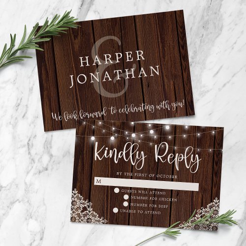 Rustic Wood and String Lights Lace Wedding RSVP