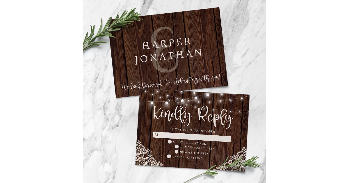 Rustic Wood and String Lights Lace Wedding RSVP Card | Zazzle