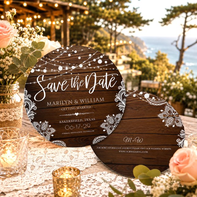 Rustic Wood and String Lights Lace Wedding Save The Date (Creator Uploaded)