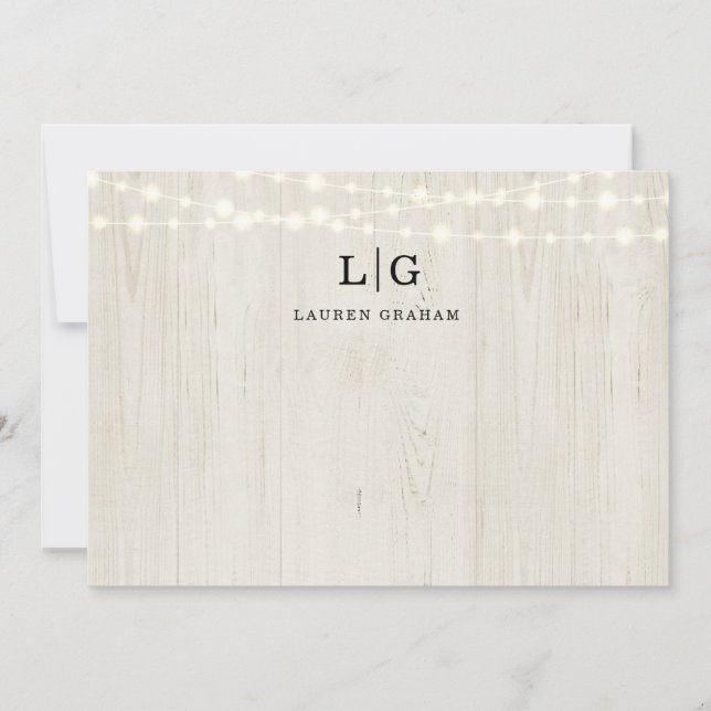 Rustic Wood and String Lights Monogram Initial Note Card (Front)