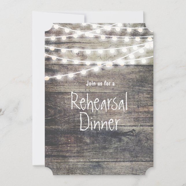 Rustic wood and string lights rehearsal dinner invitation (Front)