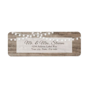Rustic wood and string lights return address label