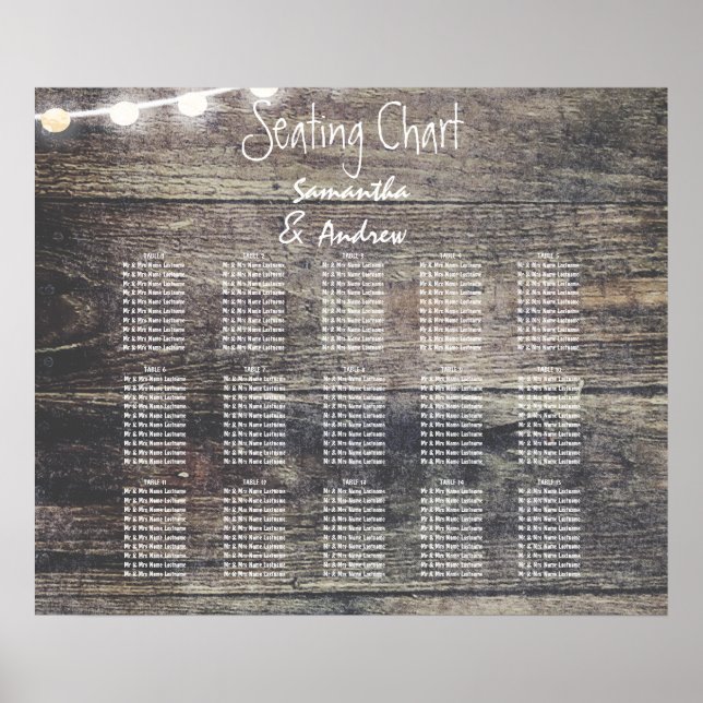 Rustic wood and string lights table seating chart (Front)