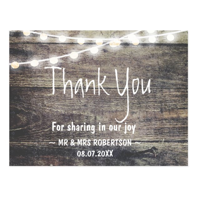 Rustic Wood And String Lights Thank You Postcard