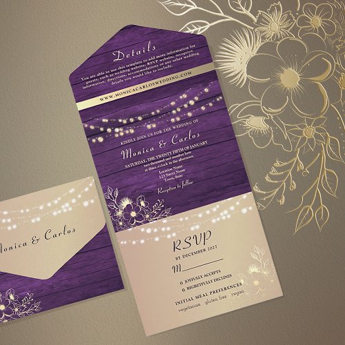 Rustic Wood and String Lights Wedding All In One Invitation