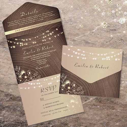 Rustic Wood and String Lights Wedding All In One Invitation