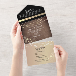 Rustic Wood and String Lights Wedding All In One Invitation