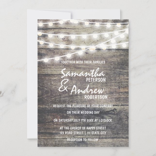 Rustic wood and string lights Wedding Invitation (Front)