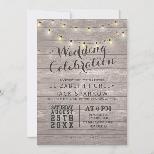 Rustic Wood and String Lights Wedding Invitations (Front)