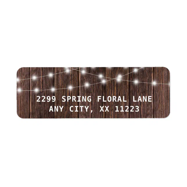 Rustic Wood and string lights wedding Label | Zazzle