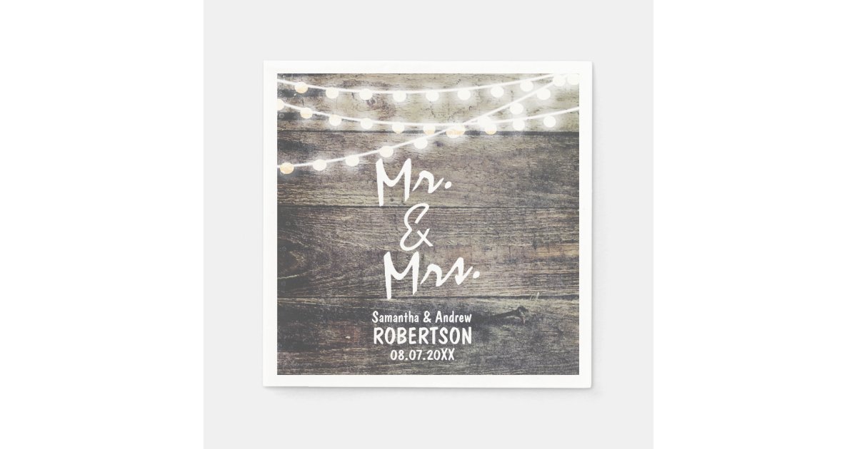 Rustic wood and string lights wedding paper napkins | Zazzle