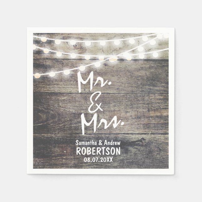 Rustic wood and string lights wedding paper napkins (Front)